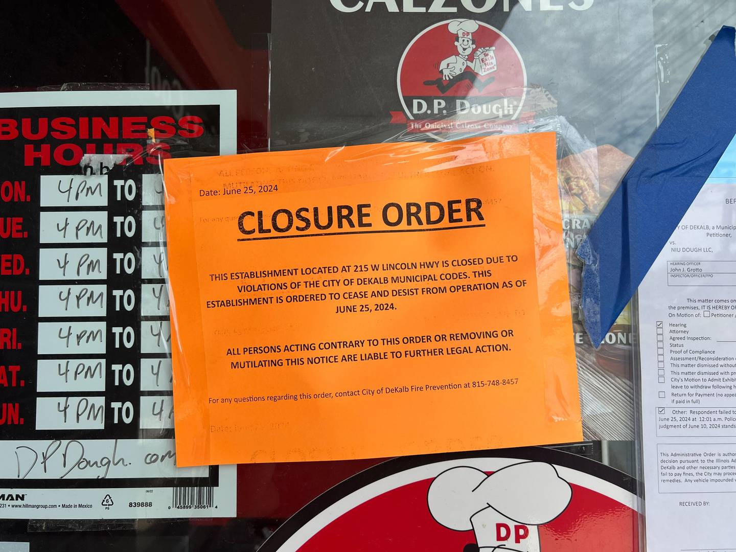 The city of DeKalb this week shut down the calzone establishment D.P. Dough, alleging the business violated municipal code by failing to pay its local restaurant taxes.
The business, seen here on Wednesday, June 26, 2024, at 215 W. Lincoln Highway, was ordered to cease and desist from operations as of June 25, according to a closure order that could be seen on the front door of the business Wednesday.