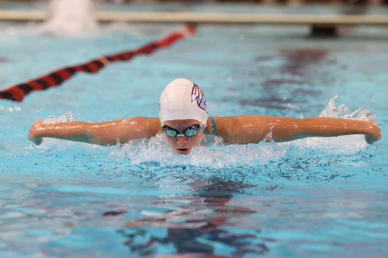 Kankakee's Allie Able swims in the 200-yard medley relay during Bradley-Bourbonnais' victory over Kankakee and Bishop McNamara in the All-City swim meet on Tuesday, Sept. 9, 2025.