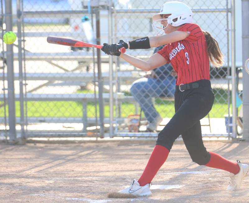 Henry-Senachwine's Bella Williams gets a hit against Marquette on Thursday, April 23, 2026 at June Cross Field in Ottawa.