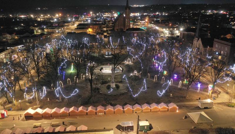 An aerial view of Washingtown Park all lit up for Christmas on Tuesday, Dec. 17, 2024 downtown Ottawa.