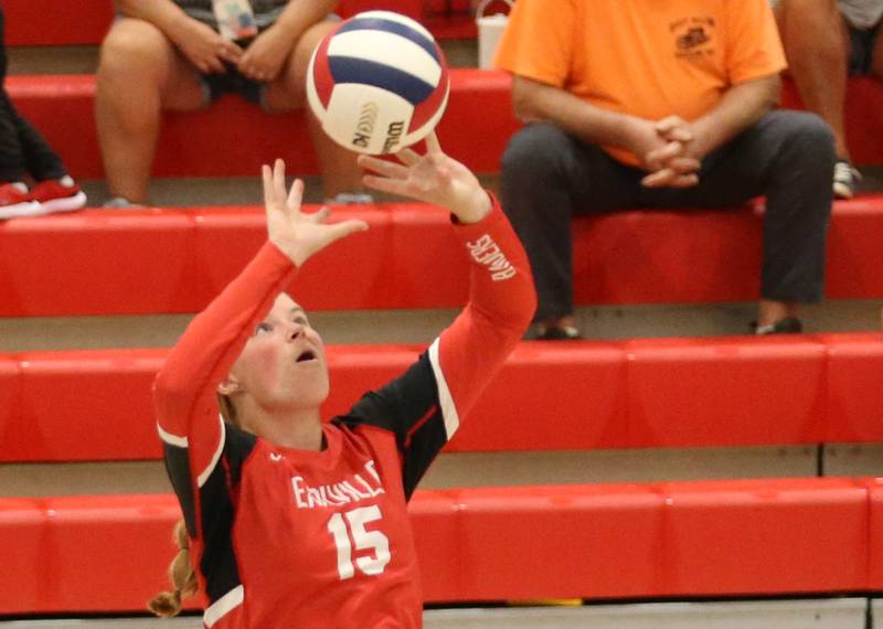Earlville's Audrey Scherer sets the ball in play against Woodland on Wednesday, Sept. 25, 2024 at Woodland High School.
