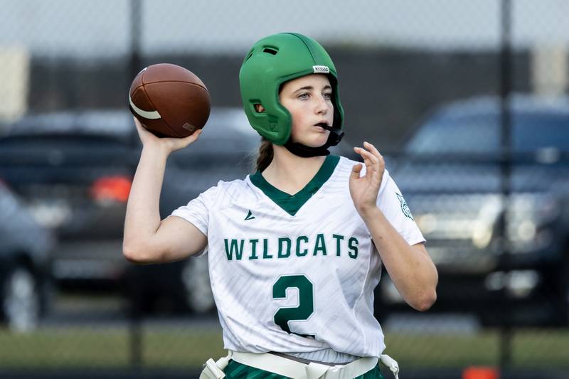 Plainfield Central's Alyssa Link looks for an open teammate during the IHSA Danville Sectional varsity flag football game against Yorkville at Plainfield East on Oct. 13, 2025.