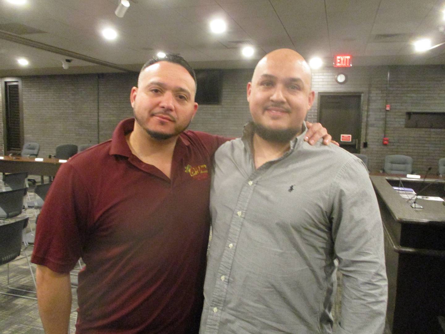 Brothers Eduardo and Jose Vazquez, two of the partners in the La Sociedad restaurant group that plans to open Casa Catrina Mexican Heritage Cuisine in Union Station in Joliet, pose for a photo after a City Council meeting on Monday. Nov. 3, 2025
