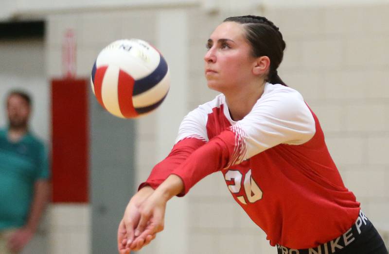 L-P's Anna Riva returns a serve from Princeton on Tuesday, Aug. 26, 2025 in AJ Sellett Gymnasium at L-P High School.