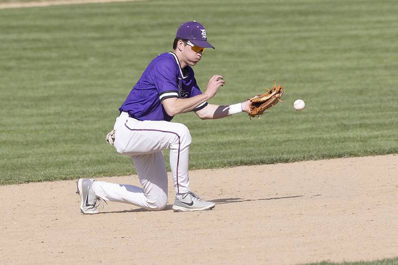 Dixon’s Quade Richards can’t quite get a grip on a hotshot against Stillman Valley Thursday, April 27, 2023.