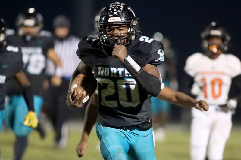 Woodstock North’s David Randecker sprints for a touchdown against Freeport in first-round IHSA Playoff football action on Saturday, Nov. 2, 2024 at Woodstock North High School in Woodstock.