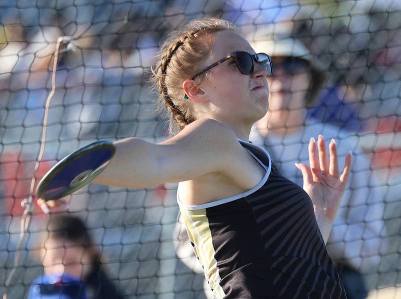 Sycamore’s Taya Johnson competes in the discus finals Friday, May 15, 2026, during the Class 2A girls track sectional at Genoa-Kingston High School.