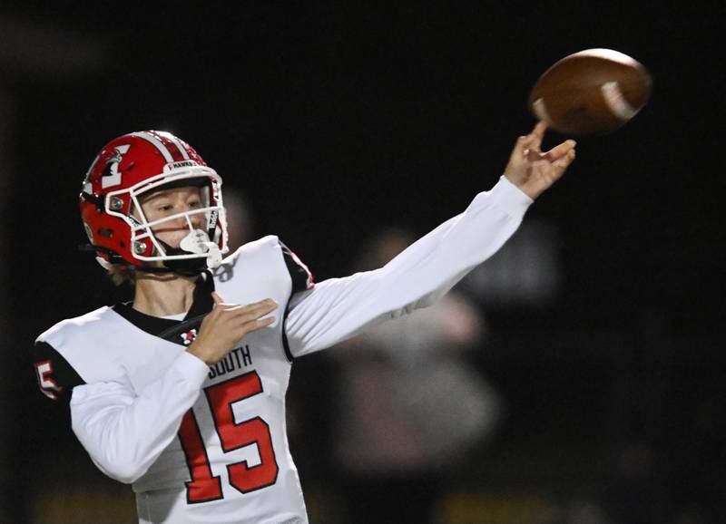 Maine South quarterback Jameson Purcell throws a pass during the Class 8A first-round playoff football game against Naperville North on Saturday, Nov. 2, 2024 in Naperville.