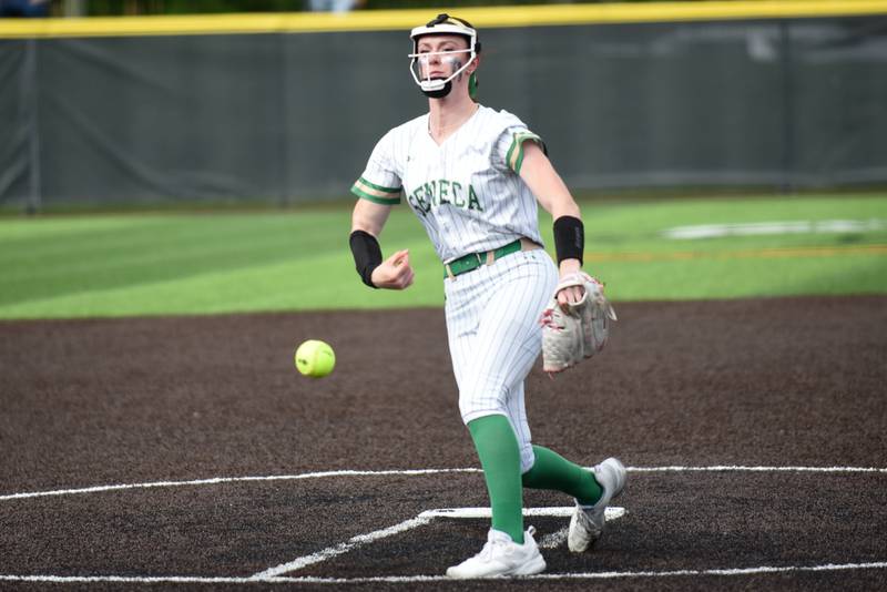 Seneca's Hayden Pfeifer throws a pitch during the Class 2A Seneca Regional semifinals against Reed-Custer Tuesday, May 19, 2026.