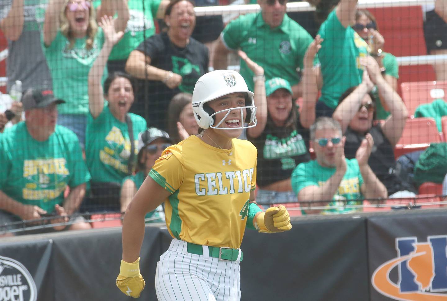 Providence Catholic's Angelina Cole reacts after scoring the teams second run against Chatham during the Class 3A State finals game on Saturday, June 14, 2025 at the Louisville Slugger Sports Complex in Peoria.