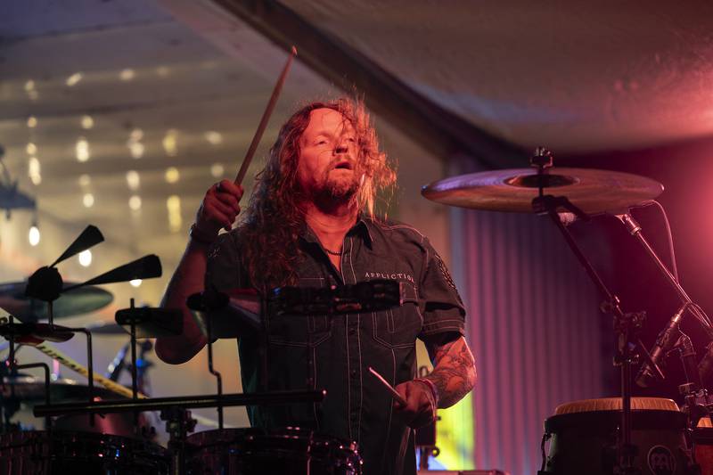 The drummer for “abbynormal” pounds the skins Saturday, Sept. 20, 2025, at Walton Fest.