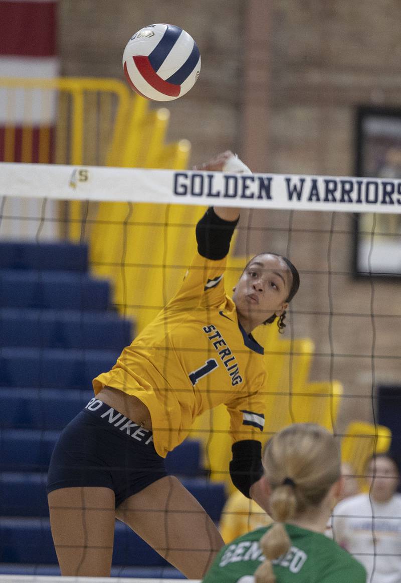 Sterling’s Nia Harris hammers a shot against Geneseo Tuesday, Sept. 30, 2025.