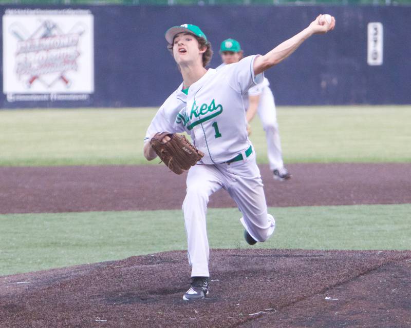 York's Noah Hughes delivers a pitch against St Charles East at the Class 4A Sectional Semi Final on Wednesday, May 31, 2023 in Elgin.