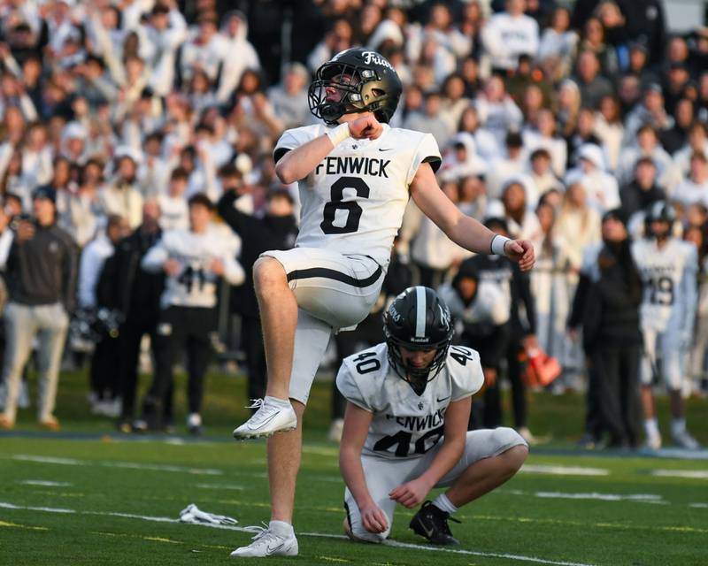 Fenwick's Noah Sur (6) reacts after watching his field goal was good that put Fenwick ahead of Nazareth Academy in overtime during the 6A semifinals game on Saturday Nov. 22, 2025, held at Nazareth Academy High School in La Grange Park.