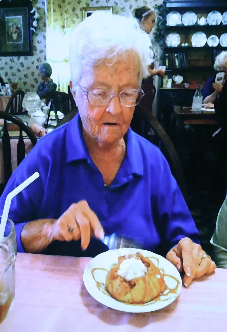 Patricia Wilson of Sycamore is shown in this undated photo having breakfast in Genoa. Prosecutors shared the photo during testimony from her daughter, Sue Saari, on Thursday, Jan. 23, 2025. The criminal trial of Jonathan D. Hurst, charged in the murder of Patricia and her son Robert Wilson, began Thursday at the DeKalb County Courthouse.