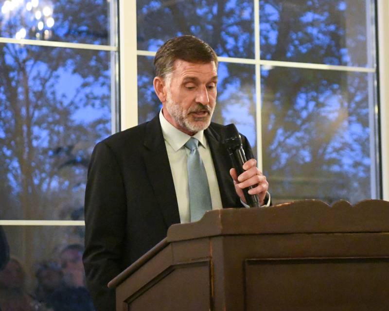 Charlie Murphy, who was last year's St. Charles Are Chamber of Commerce Charlemagne Award winner speaks about State Sen. Don DeWitte during the 2026 awards dinner Friday May 1, 2026.