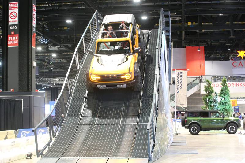 A Ford Bronco travles a test track on Thursday, Feb. 8, 2024 during the Chicago Auto Show in McCormick Place.