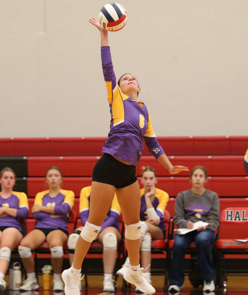 Mendota's Sydney Tolley spikes the ball to Hall on Tuesday, Sept. 13, 2024 at Hall High School.