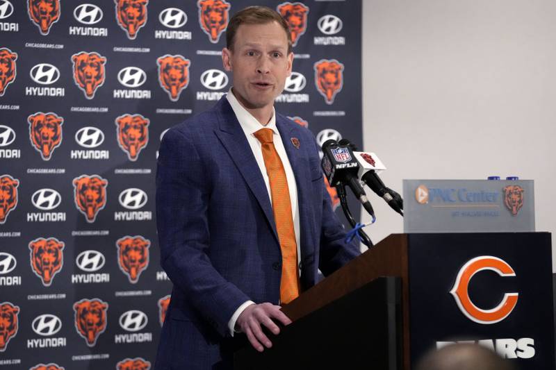 Chicago Bears new coach Ben Johnson speaks following his introduction at an NFL football news conference at Halas Hall in Lake Forest, Ill., Wednesday, Jan. 22, 2025. (AP Photo/Nam Y. Huh)