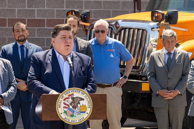 Gov. JB Pritzker speaks to reporters at a news conference on June 14. Pritzker said a recent U.S. Supreme Court ruling doesn’t affect Illinois’ ban on bump stocks and other firearm accessories.