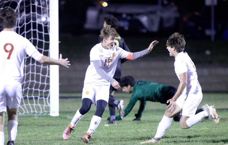 Richmond-Burton’s Joe Kyes celebrates after scoring in varsity soccer on Monday, Oct. 7, 2024, at Dan Horne Field on the campus of Harvard High School in Harvard.