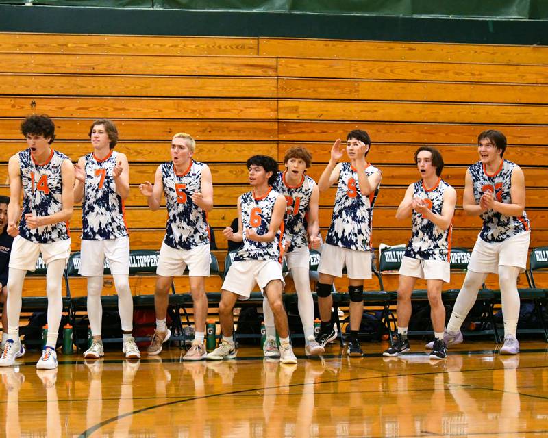 Oak Park-River Forest celebrates after getting a point during the game on Tuesday April 16, 2024, while traveling to take on Glenbard West High School.