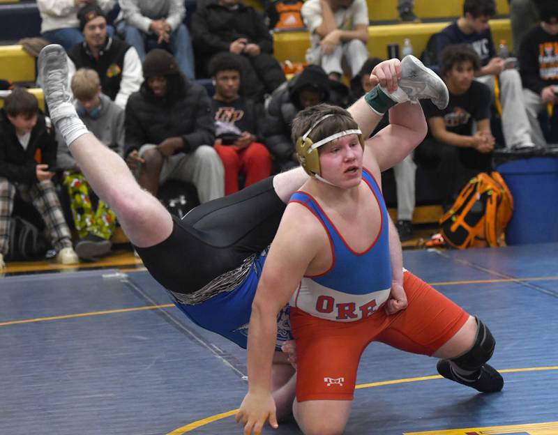 Oregon's Jacksyn Windham wrestles Galena's Nolan Kaier in the third place match at 215 pounds at the Polo Wrestling Invitational on Saturday, Jan, 10, 2026 at Polo High School.