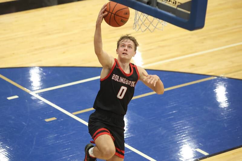 Bolingbrook’s Trey Brost lays in the uncontested shot against Lincoln-Way East on Tuesday, Dec.12th, 2023 in Frankfort.