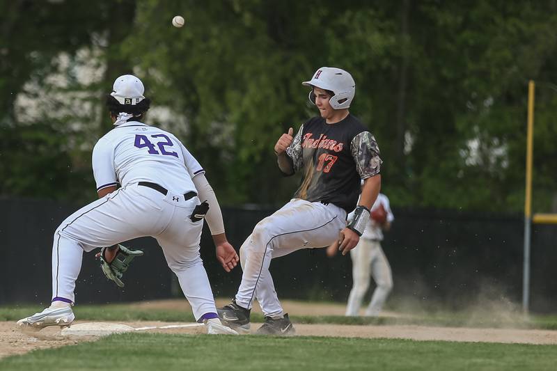 Sandwich's Chase Clark (17) pulls up to third during baseball game between Sandwich at Plano.  May 8, 2024