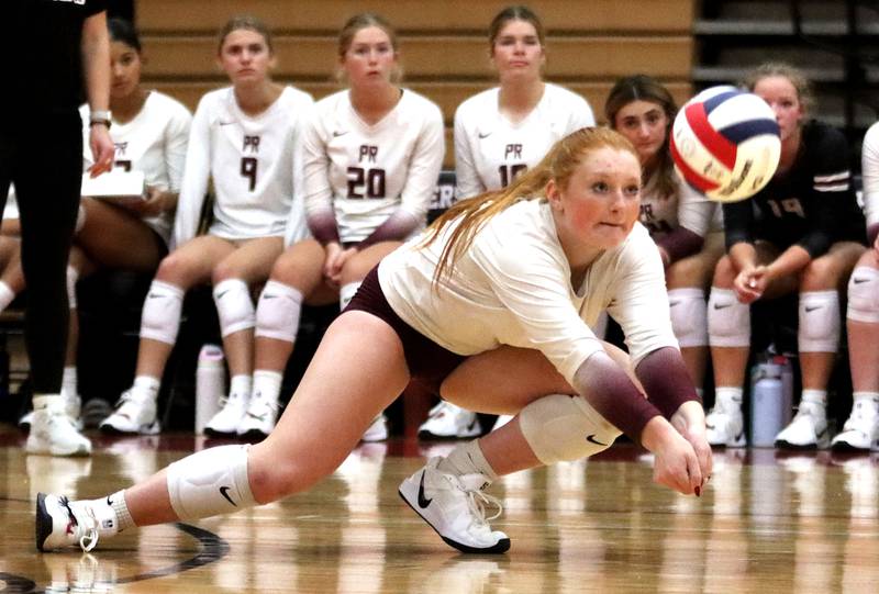Prairie Ridge’s Kaelin Bacak passes the ball in varsity girls volleyball at Huntley High School in Huntley on Thursday, Sept. 11, 2025.