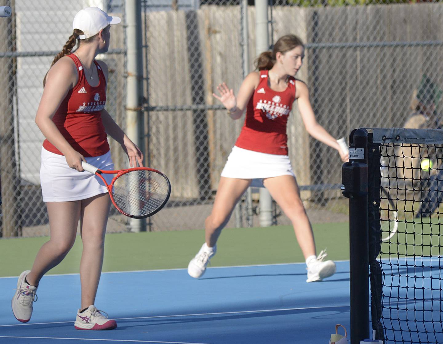 The Streator No. 1 doubles team of Addie Mahan (at left) and Audrey Arambula compete against Princeton on Tuesday, Sept. 16, 2025, in Streator.
