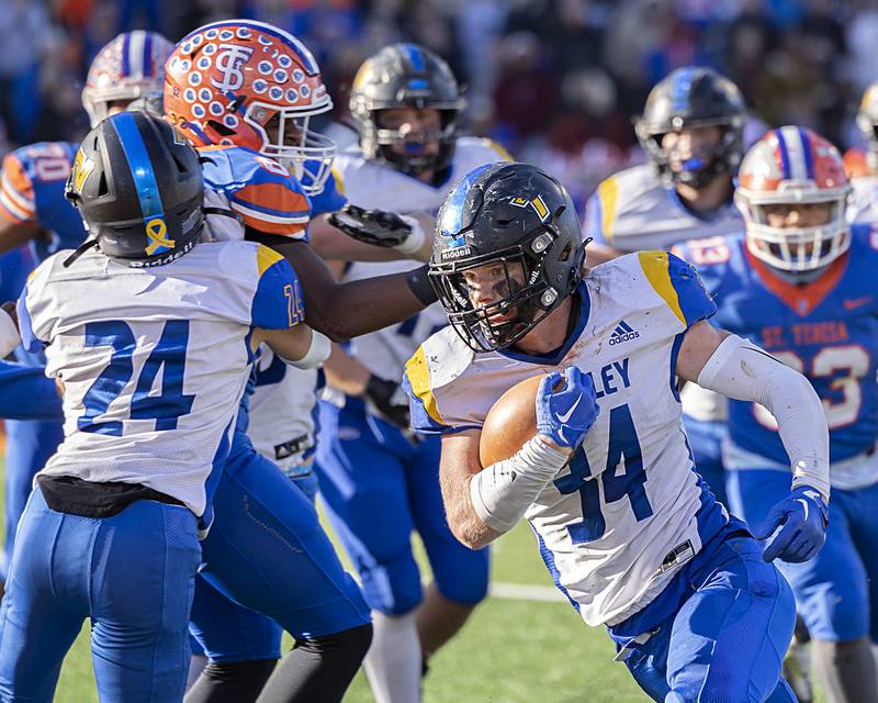 Tri-Valley’s Blake Regenold runs for yards against St. Teresa Decatur in the class 2A IHSA football state championship game Friday, Nov. 25, 2022.