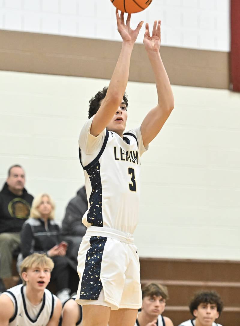 Lemont's Daniel Jaquez shoots a jump shot during the WJOL tournament championship game against Lockport on Saturday, NOV. 29, 2025, at Joliet.
