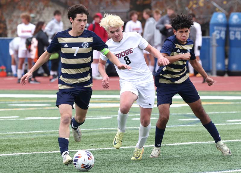 Lemont's Tyler Chrisman carries the ball in as Aidan Ontiveros tries to keep Prairie Ridge's Jimmy Lecinski off of his teammate Saturday, Nov. 9, 2024, during their Class 2A state third place game at Hoffman Estates High School.