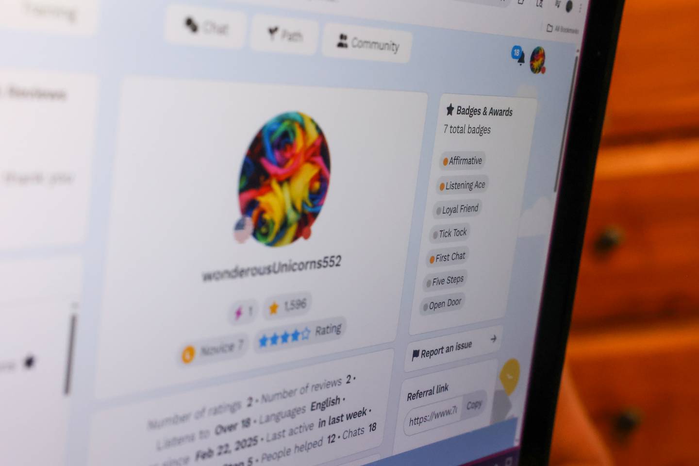 Badges earned by 29-year-old Lauren Gross, of Bradley, are displayed on her 7cups.com profile, a mental health community website where she serves as a supportive listener. Gross, a quadriplegic who was born with Spinal Muscular Atrophy, has helped a number of people through tough times via the chatroom, which she types in through her eye movement-tracking computer.