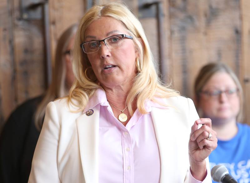 State Sen. Sue Rezin (R-Morris) addresses the media during a press conference regarding the recent closure of  St. Margaret's Health-Peru on Monday, Feb. 6, 2023 at Westclox in Peru.