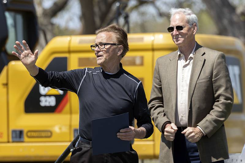 Dixon riverfront caretaker John Groshans waves to the crowd after being awarded a day of recognition Thursday, April 27, 2023. Groshans was given the award by outgoing mayor Li Arellano Jr. for his work in keeping the riverfront clean and landscaped. At right is Glen Hughes, incoming mayor.