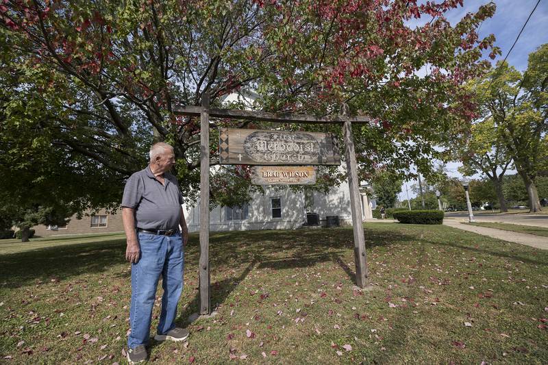 First United Methodist Church janitor Ken Heerdt shows off the spot where the stone will be put on display Thursday, Sept. 19, 2024, outside the church in Sterling.