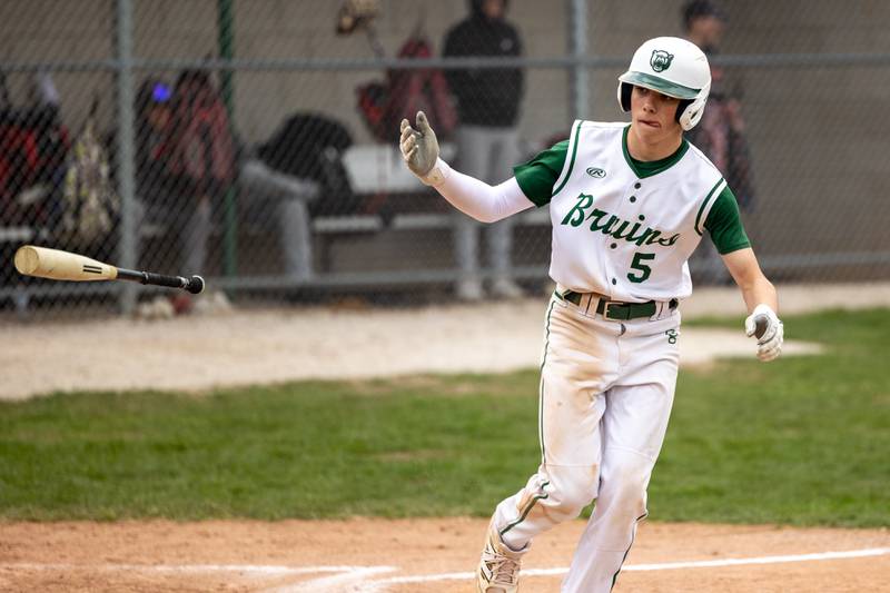 Stuart McCunnigal (5) of St. Bede throws bat after hitting single on Thursday, April 10, 2025 at St. Bede High School in Peru.