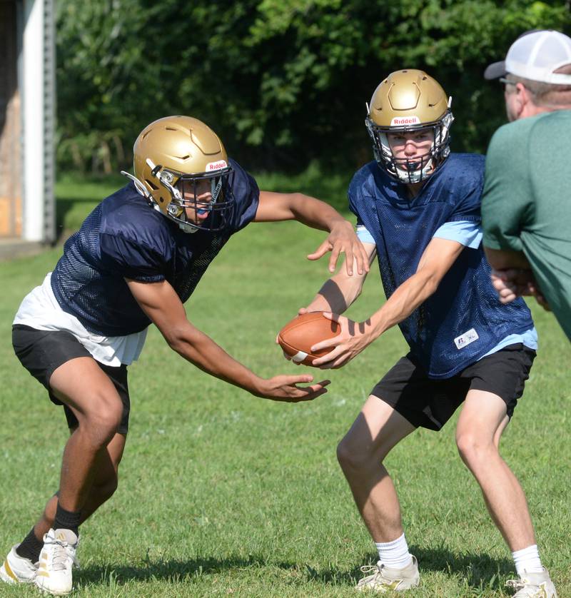 Polo High School players work on an offensive play on Wednesday, Aug. 13, 2025 in Polo.