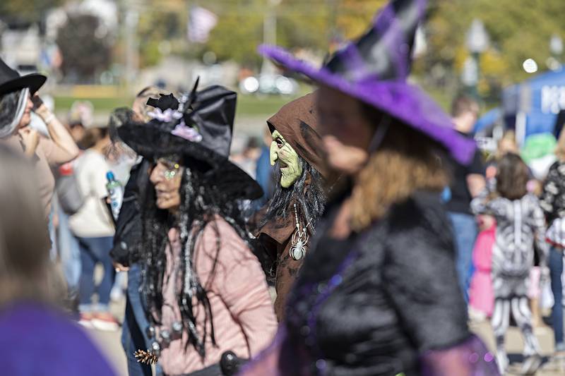 Dressed as witches, line dancers with the Dixon Country Line Dancers group perform Saturday, Oct. 21, 2023 in downtown Dixon during Scarecrow Fest.