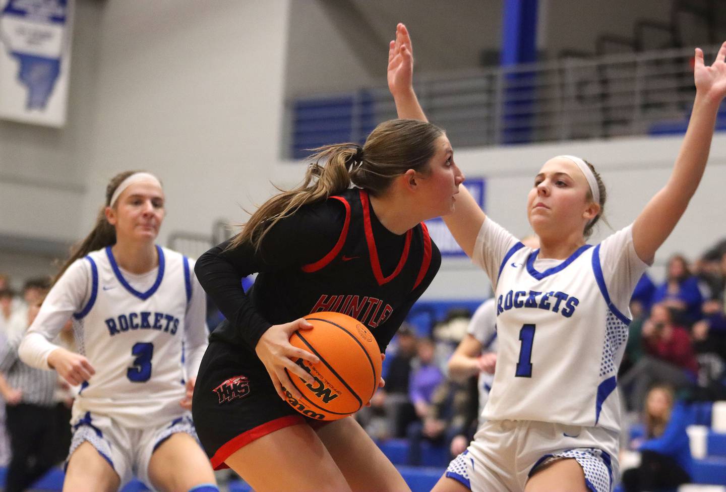 Huntley’s Sara Bruns works under the hoop in varsity girls basketball on Monday, Feb. 9, 2026, at Central High School in Burlington.