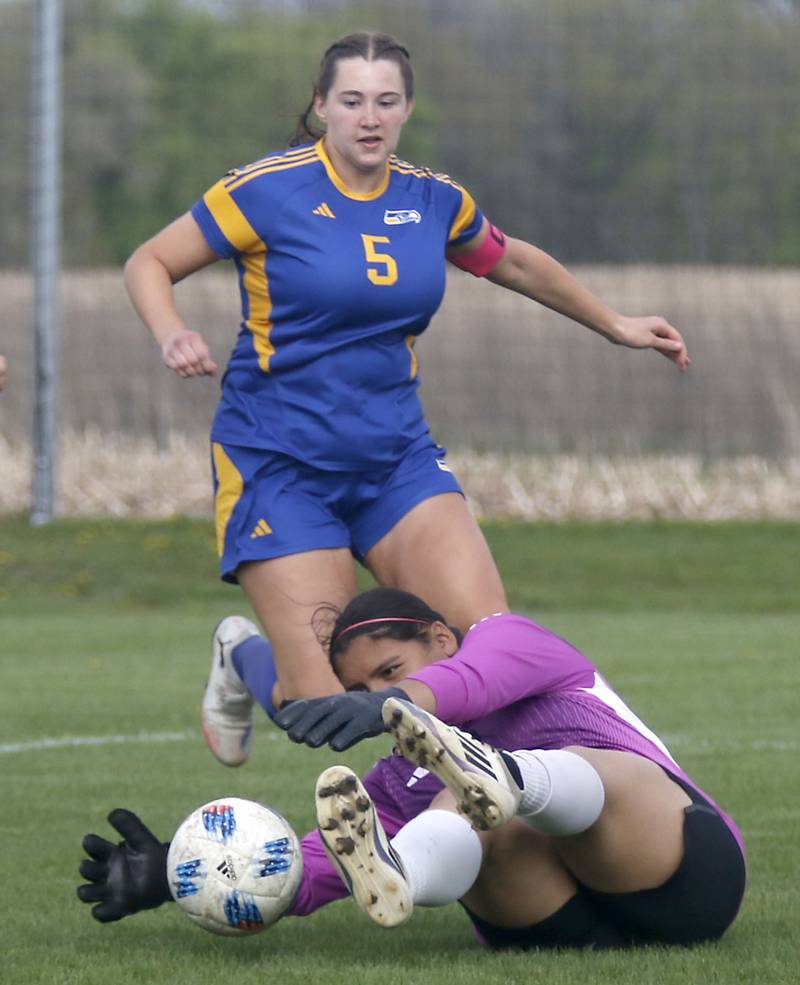 Harvard's Jarithsie Mercado Vergara grabs the ball as Johnsburg's Elaina Moss closes in during a Kishwaukee River Conference soccer match on Wednesday, April 27, 2026, at Johnsburg High School.