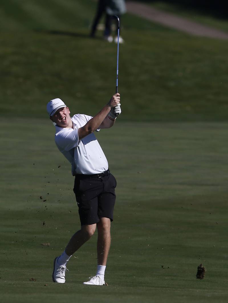 Jacobs’ Braden Behrens hits his fairway shot on the fifth hole during the IHSA Class 3A Dundee-Crown Regional golf tournament on Wednesday, Oct. 2, 2024 at Randall Oaks Golf Club in West Dundee.
