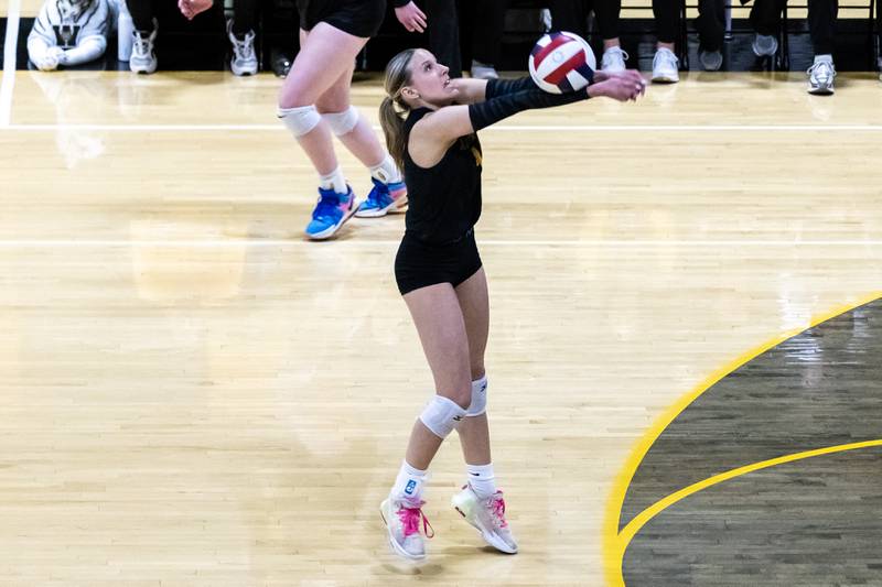Joliet West's Lina Govoni passes to a teammate during a 4A sectional varsity volleyball game against Oswego at Joliet West on Nov. 4, 2025.