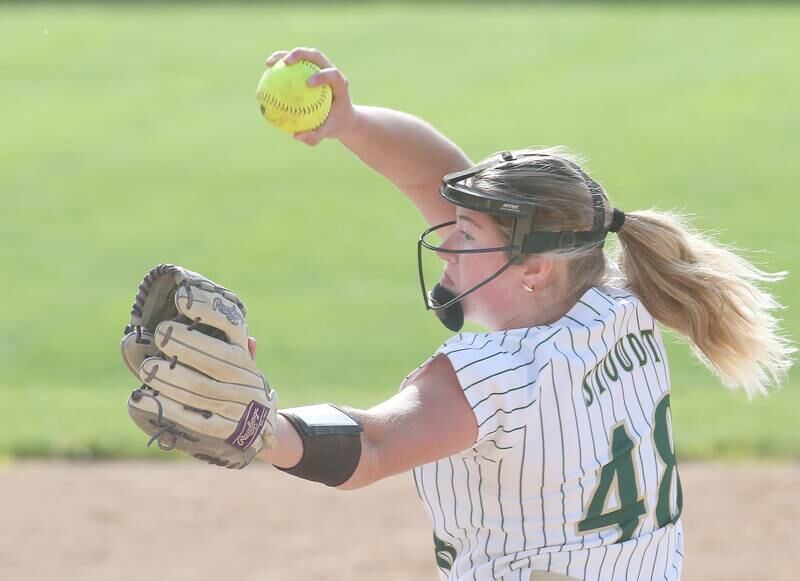 St. Bede's Reagan Stoudt lets go of a pitch to Woodland/Flanagan-Cornell on Monday, April 29, 2024 at St. Bede Academy.