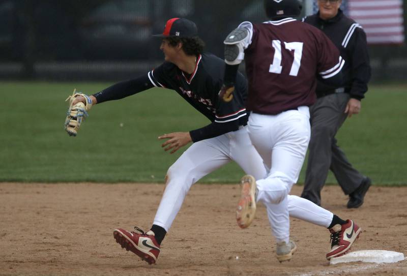 Huntley's Leo Bianchin get the force out at first bas as Prairie Ridge's Zach Techen runs to the base during a Fox Valley Conference baseball game on Friday, May 1, 2026, at Prairie Ridge High School.
