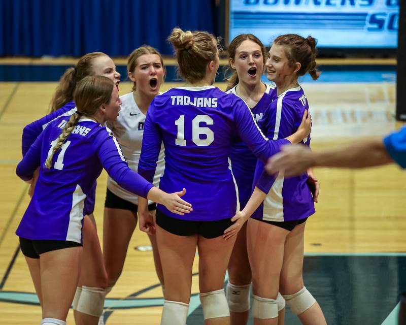 Downers Grove North celebrates a point during volleyball match between Downers Grove North at Downers Grove South.  Sept 7, 2023.
