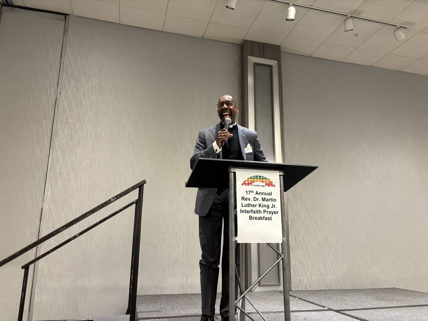 The Rev. Norval I. Brown delivers the keynote speech at the FaithBridge Martin Luther King Jr. prayer breakfast in Crystal Lake Jan. 19, 2026.
