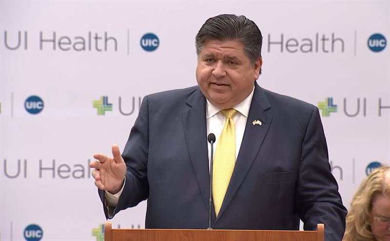 Gov. JB Pritzker takes questions on Monday after a news conference at which his administration announced a new interagency effort to ensure access to abortion care in Illinois.